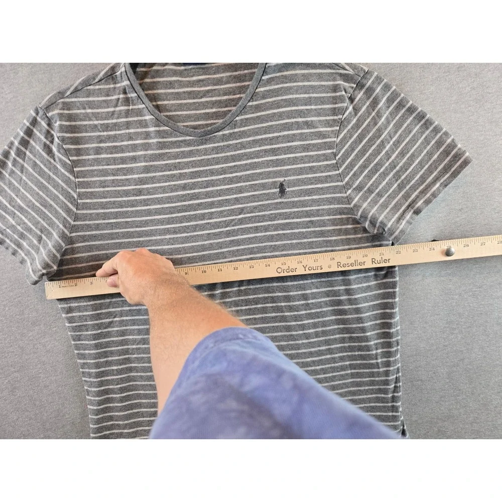 Polo Ralph Lauren T-Shirt Mens XL Grey White Striped Custom Slim Fit Logo Preppy